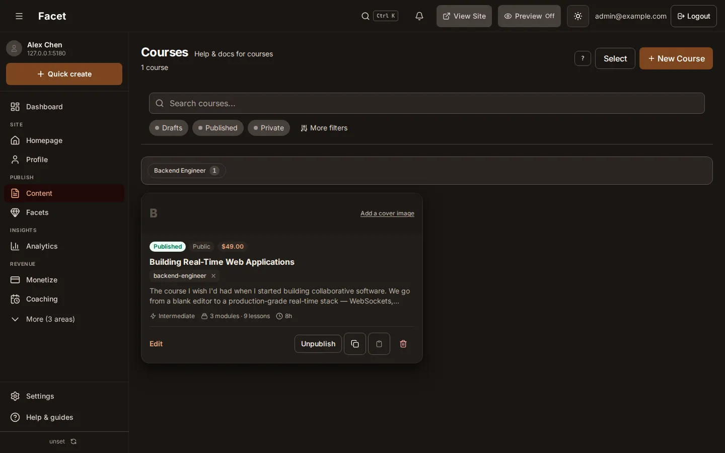 The Courses list with a course card and the New Course button