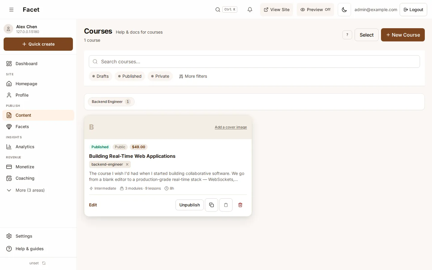 The Courses list with a course card and the New Course button