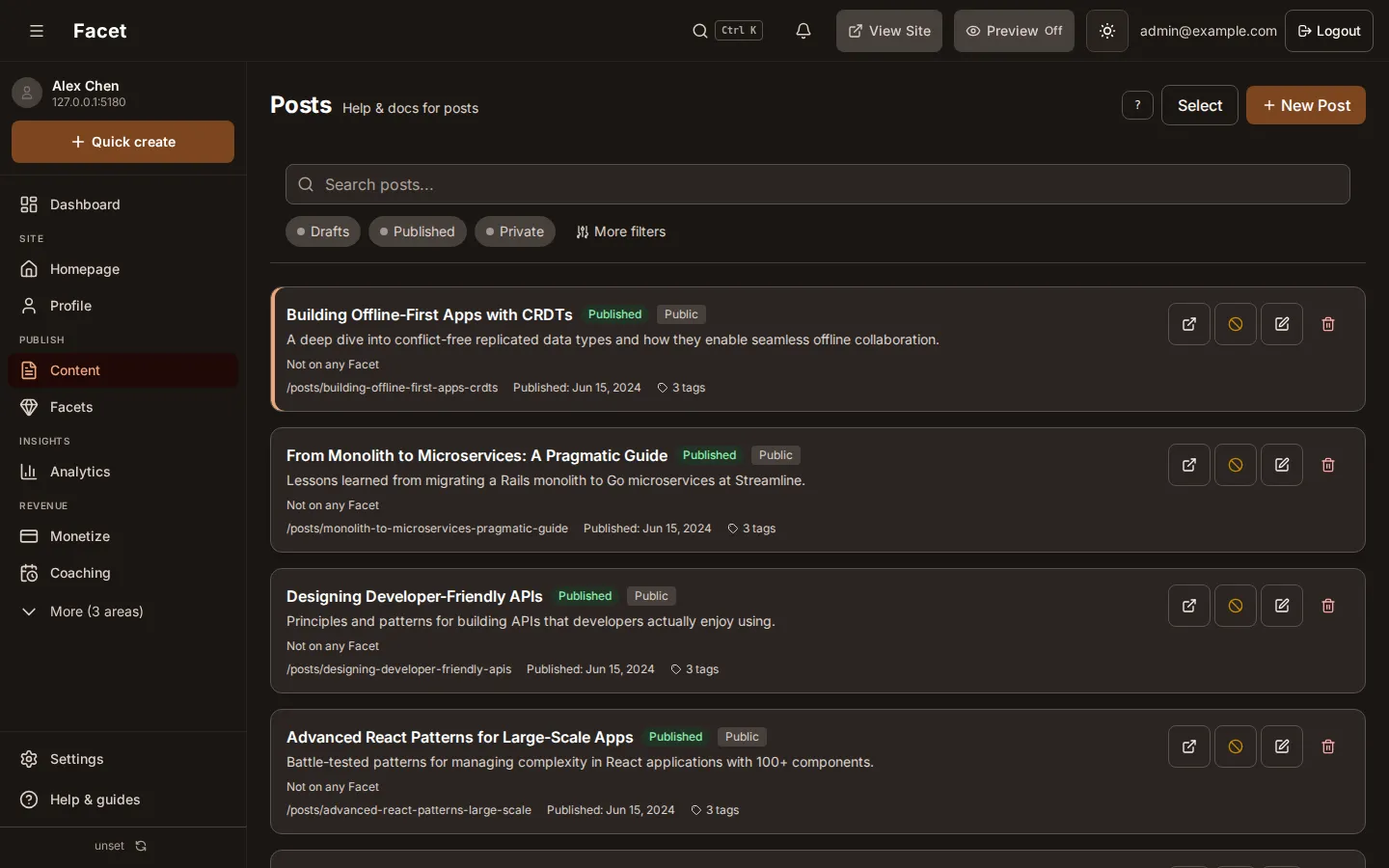 The Posts list with each post's status and the New Post button