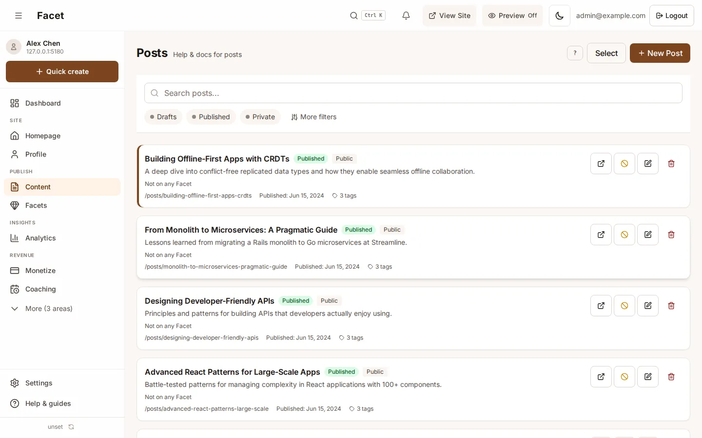 The Posts list with each post's status and the New Post button