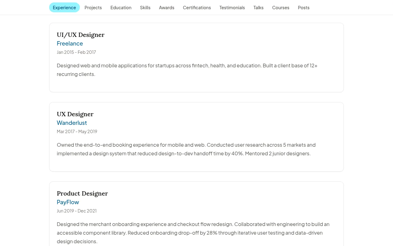 Experience section of a Facet portfolio site, listing job titles, companies, and dates in a clean reverse-chronological list.