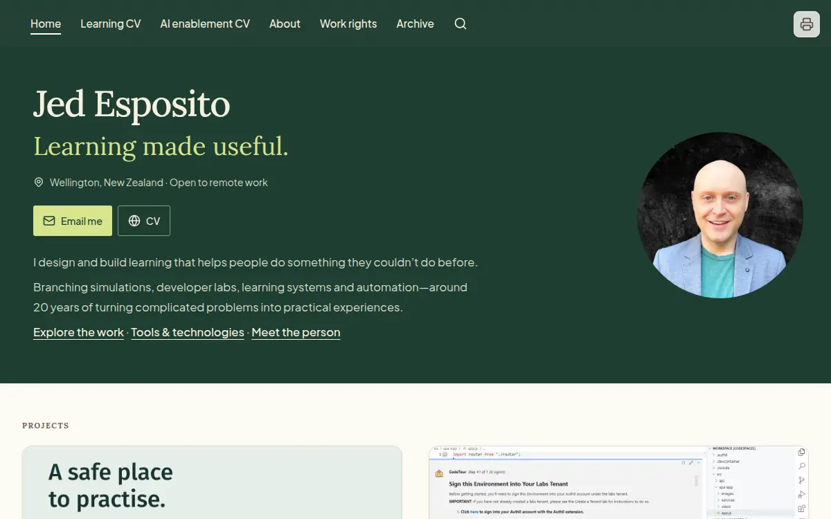 Jed Esposito's portfolio homepage: a deep green header with his name in serif, the line “Learning made useful.”, a round portrait and Email me and CV buttons.