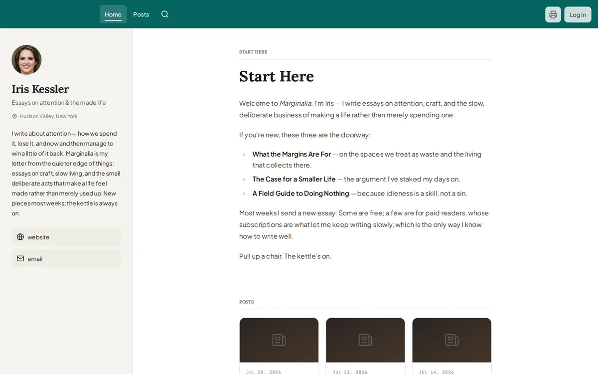 Marginalia, a teal-headed essay site with a serif “Start Here” page introducing free and paid readers.