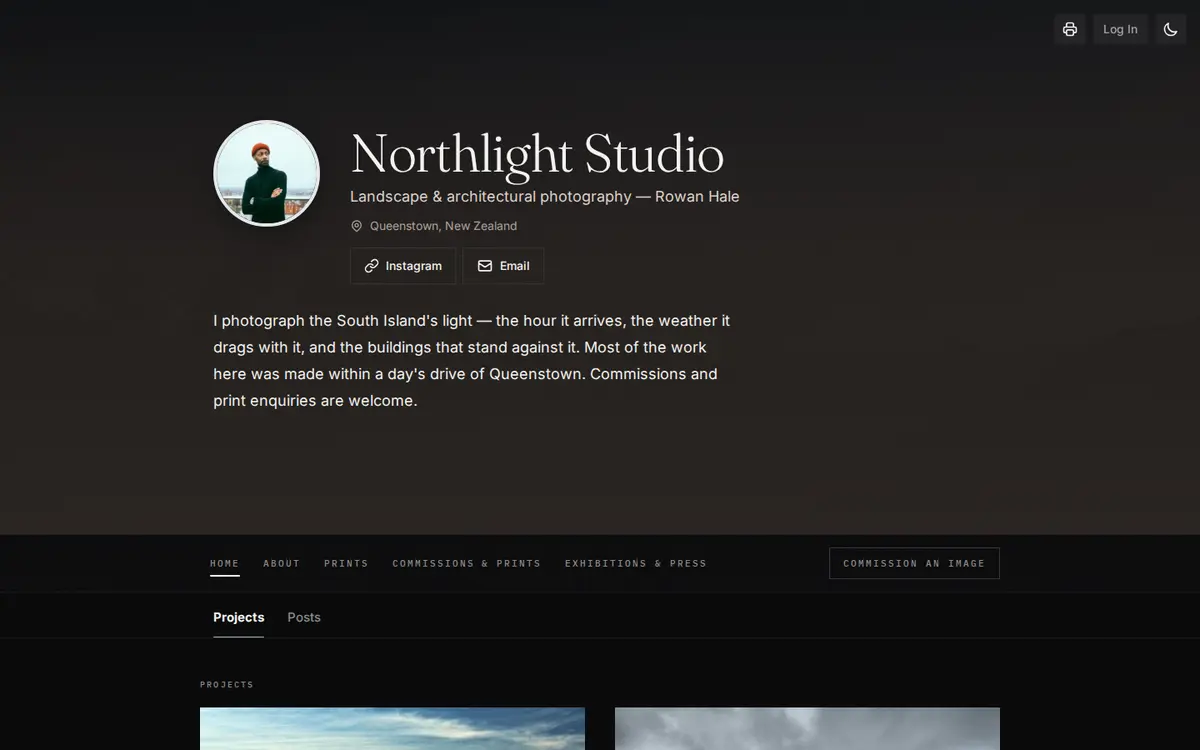 Northlight Studio homepage — a dark photography portfolio with three project galleries