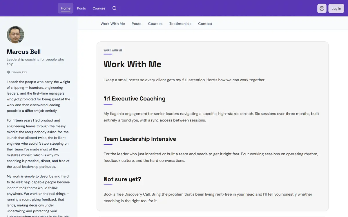 Ridgeline, a violet-headed coaching site whose “Work With Me” page lists coaching engagements and a free discovery call.