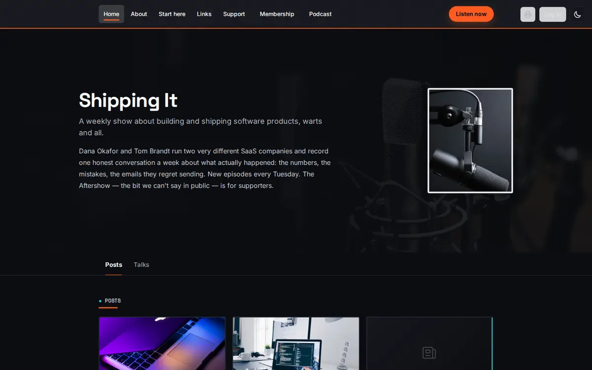 Shipping It homepage — a bold podcast site with a dark hero and orange accents